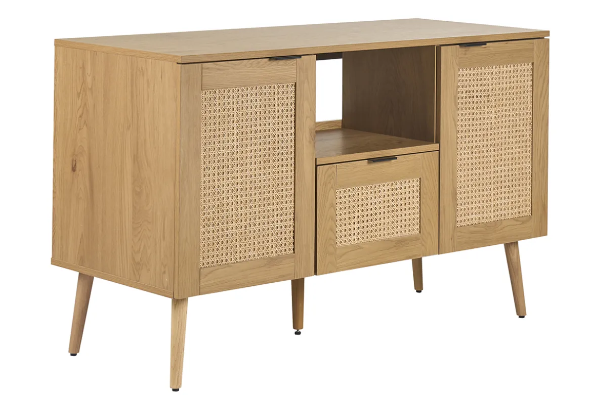 Meuble de salle de bain finition bois clair, cannage rotin et métal noir L120 cm MANILLE