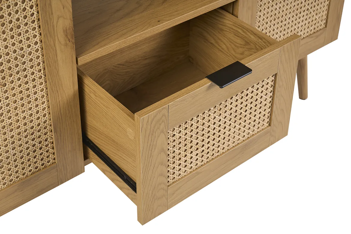 Meuble de salle de bain finition bois clair, cannage rotin et métal noir L120 cm MANILLE