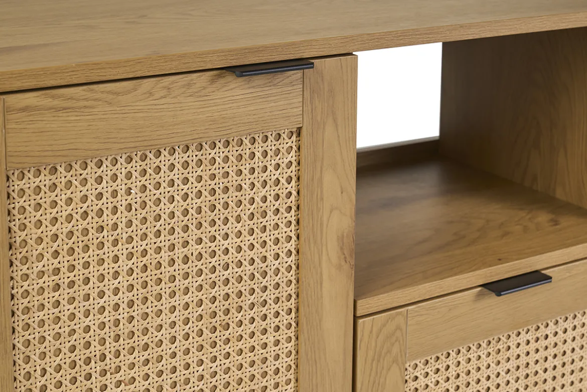 Meuble de salle de bain finition bois clair, cannage rotin et métal noir L120 cm MANILLE