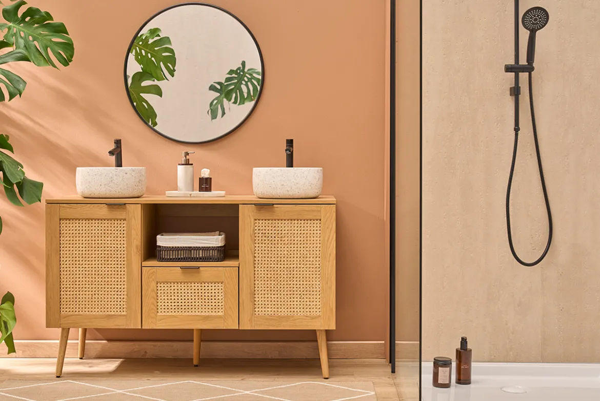 Meuble de salle de bain finition bois clair, cannage rotin et métal noir L120 cm MANILLE