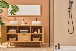 Meuble de salle de bain finition bois clair, cannage rotin et métal noir L120 cm MANILLE