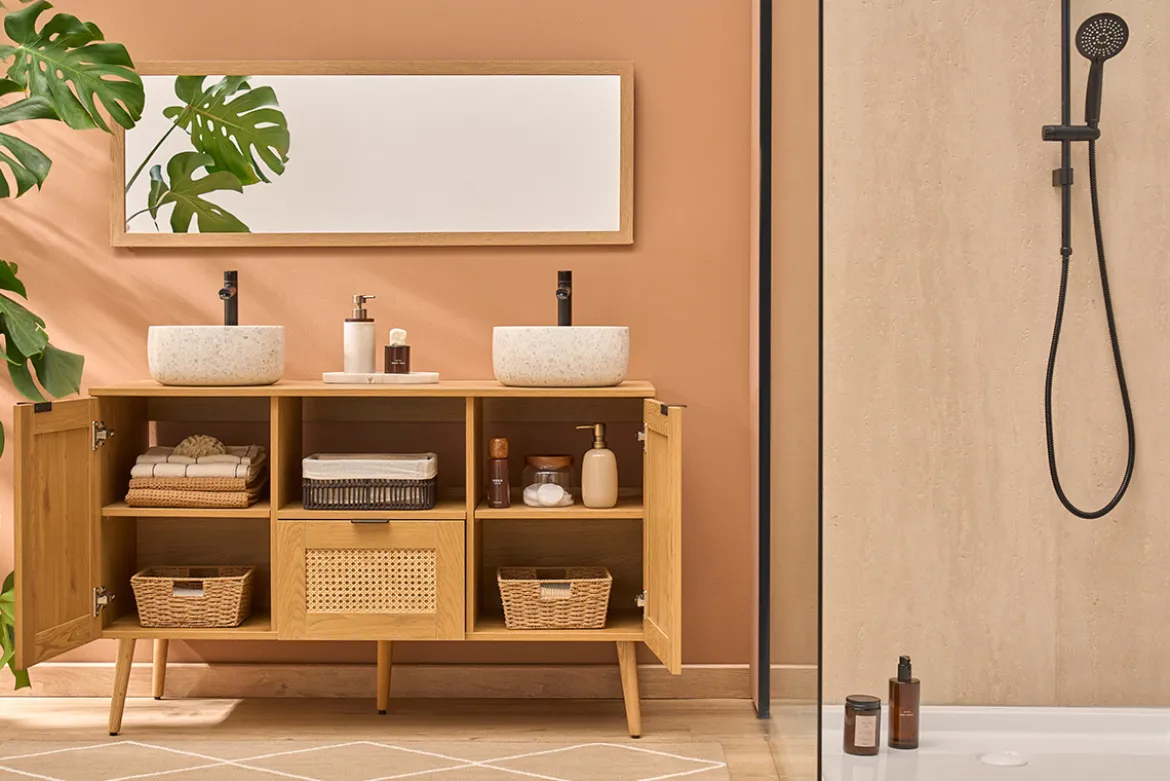 Meuble de salle de bain finition bois clair, cannage rotin et métal noir L120 cm MANILLE
