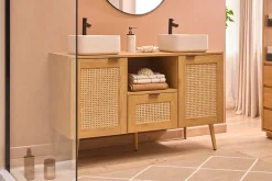 Meuble de salle de bain finition bois clair, cannage rotin et métal noir L120 cm MANILLE