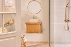 Meuble de salle de bain suspendu en bois teck massif et cannage rotin L60 cm SOLEA