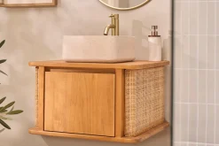 Meuble de salle de bain suspendu en bois teck massif et cannage rotin L60 cm SOLEA