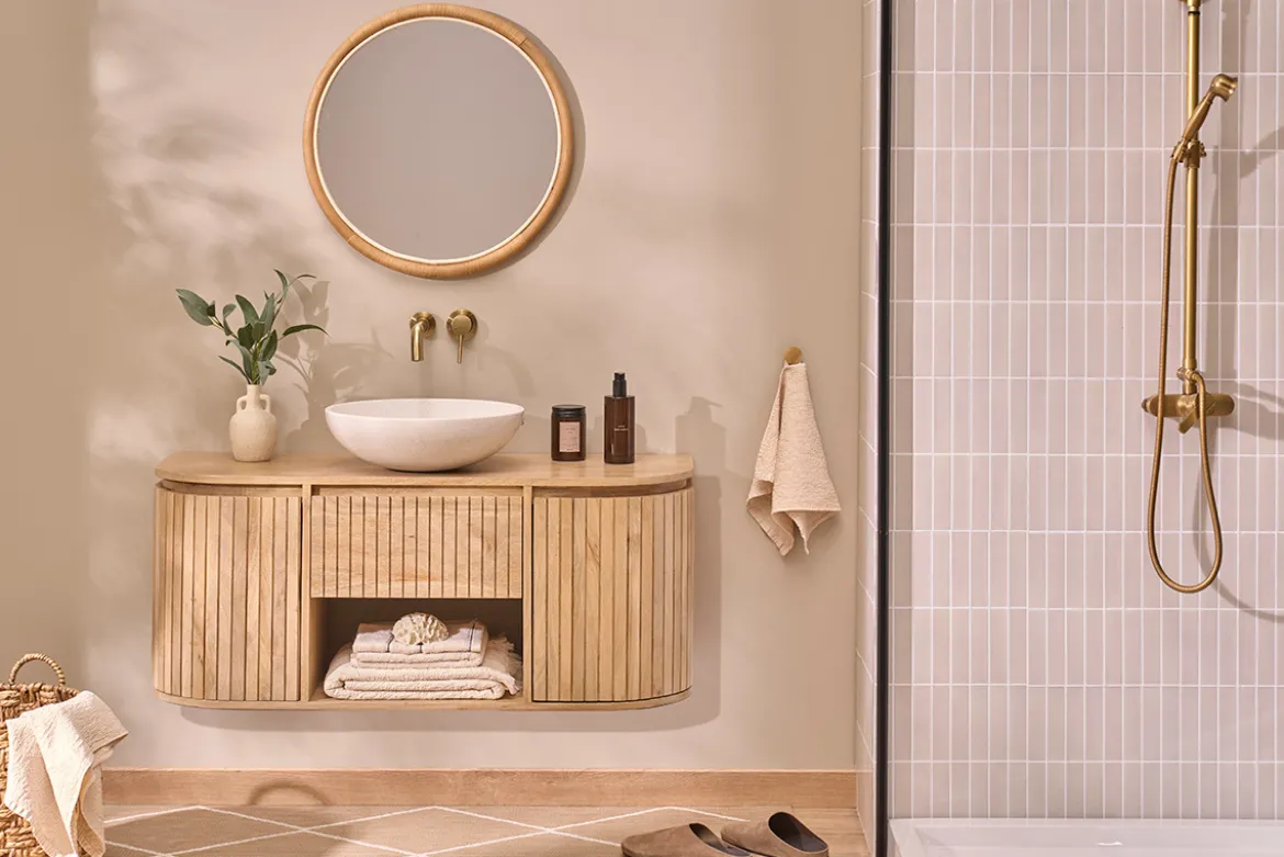 Meuble de salle de bain suspendu en bois manguier massif L110 cm BALDO