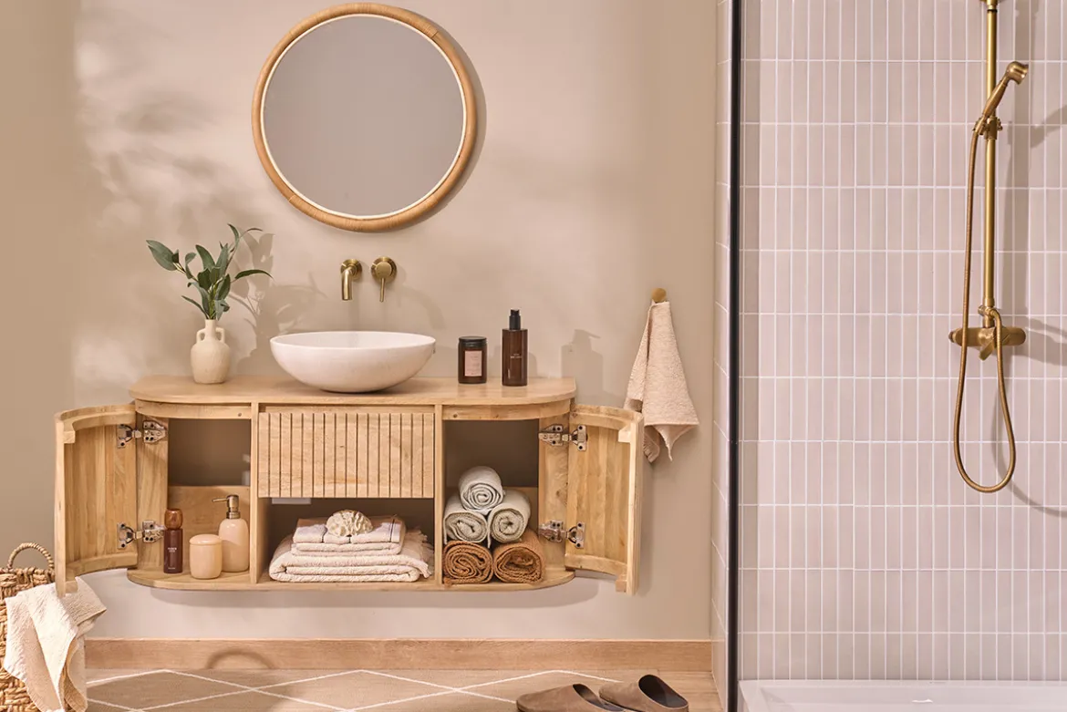 Meuble de salle de bain suspendu en bois manguier massif L110 cm BALDO
