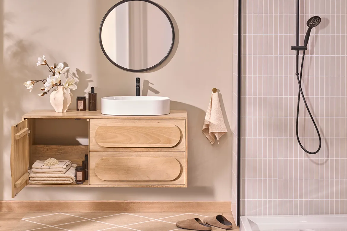 Meuble de salle de bain suspendu en bois manguier massif L120 cm SLAPPA