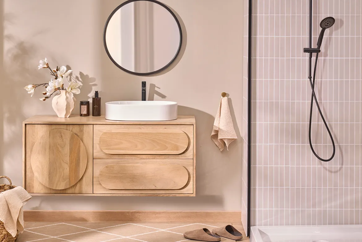 Meuble de salle de bain suspendu en bois manguier massif L120 cm SLAPPA