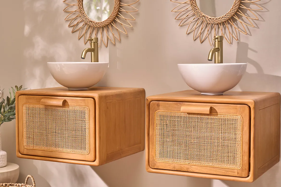 Meuble de salle de bain suspendu en bois teck massif et cannage rotin L50 cm BALIA