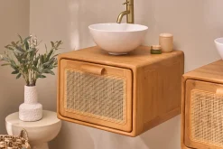 Meuble de salle de bain suspendu en bois teck massif et cannage rotin L50 cm BALIA