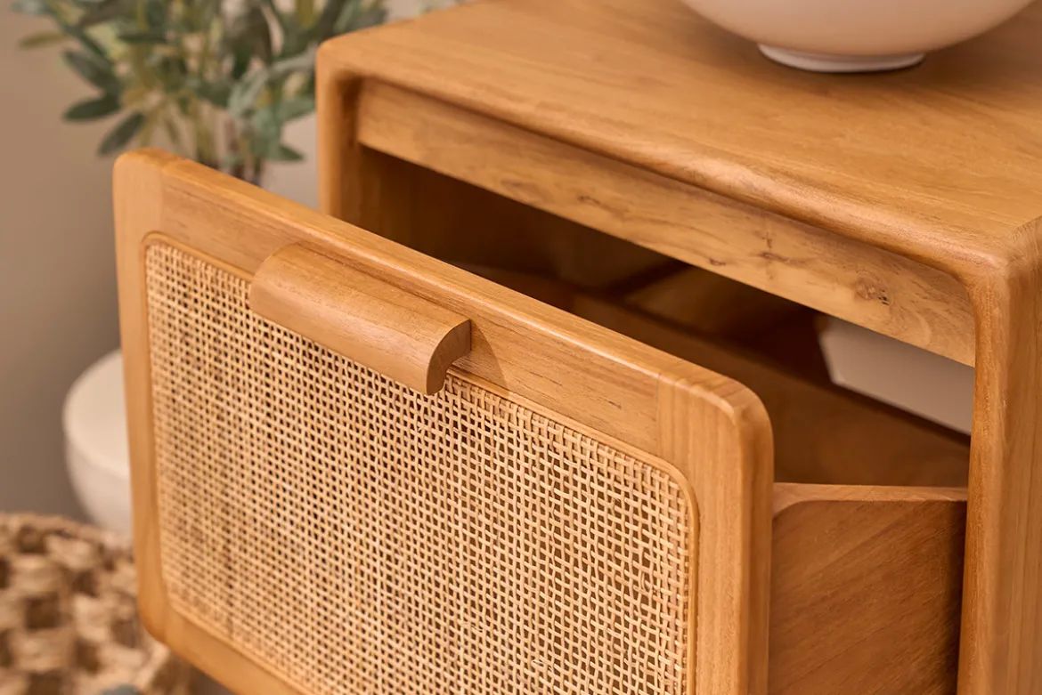Meuble de salle de bain suspendu en bois teck massif et cannage rotin L50 cm BALIA