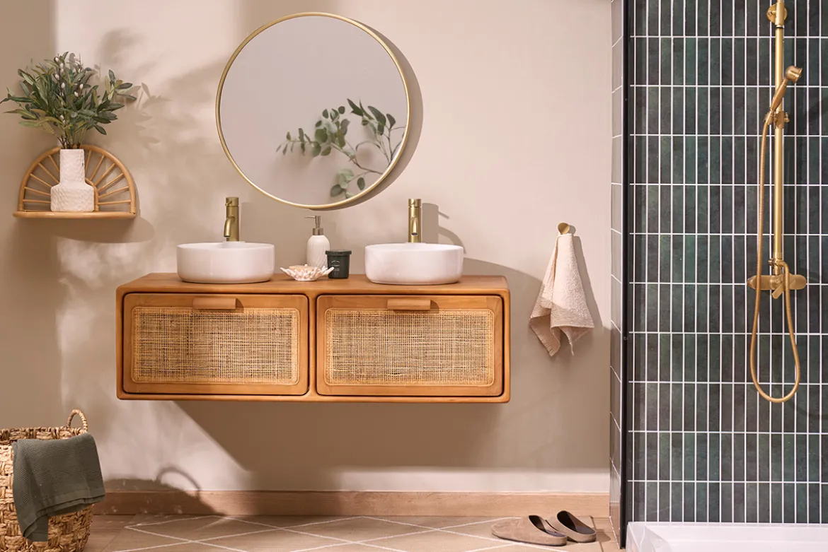 Meuble de salle de bain suspendu en bois teck massif et cannage rotin L120 cm BALIA