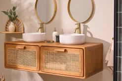 Meuble de salle de bain suspendu en bois teck massif et cannage rotin L120 cm BALIA