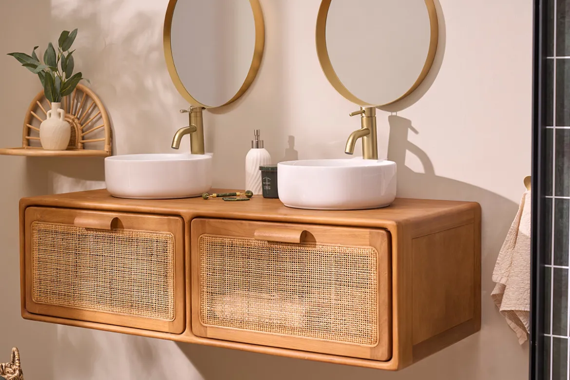 Meuble de salle de bain suspendu en bois teck massif et cannage rotin L120 cm BALIA