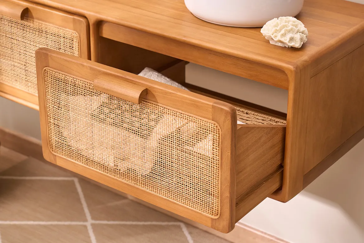 Meuble de salle de bain suspendu en bois teck massif et cannage rotin L120 cm BALIA