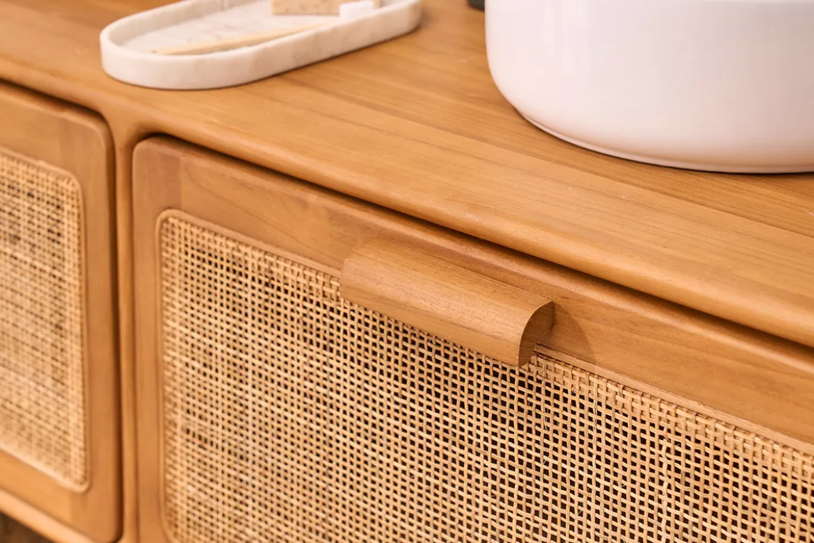 Meuble de salle de bain suspendu en bois teck massif et cannage rotin L120 cm BALIA