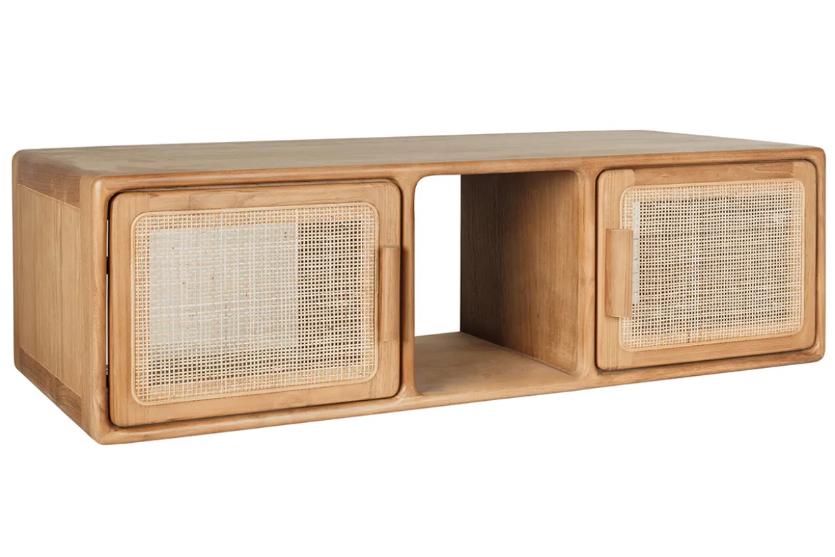 Meuble de salle de bain suspendu en bois teck massif et cannage rotin L120 cm BALIA