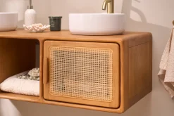 Meuble de salle de bain suspendu en bois teck massif et cannage rotin L120 cm BALIA