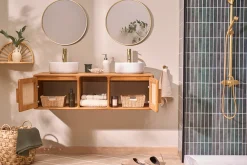 Meuble de salle de bain suspendu en bois teck massif et cannage rotin L120 cm BALIA