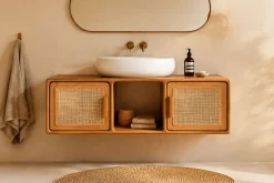 Meuble de salle de bain suspendu en bois teck massif et cannage rotin L120 cm BALIA