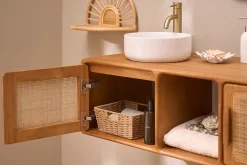 Meuble de salle de bain suspendu en bois teck massif et cannage rotin L120 cm BALIA