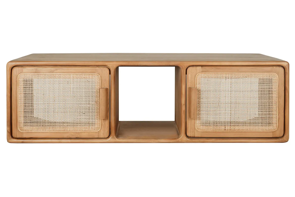 Meuble de salle de bain suspendu en bois teck massif et cannage rotin L120 cm BALIA