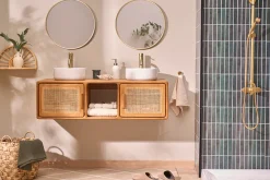 Meuble de salle de bain suspendu en bois teck massif et cannage rotin L120 cm BALIA