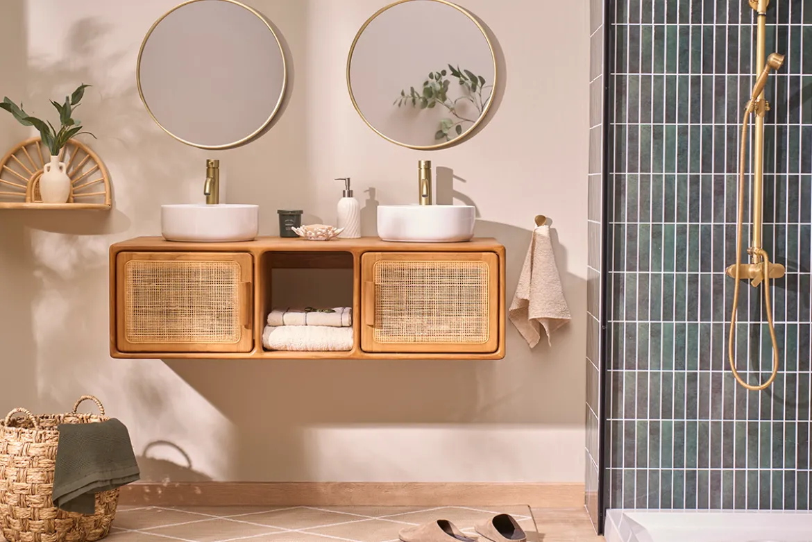 Meuble de salle de bain suspendu en bois teck massif et cannage rotin L120 cm BALIA