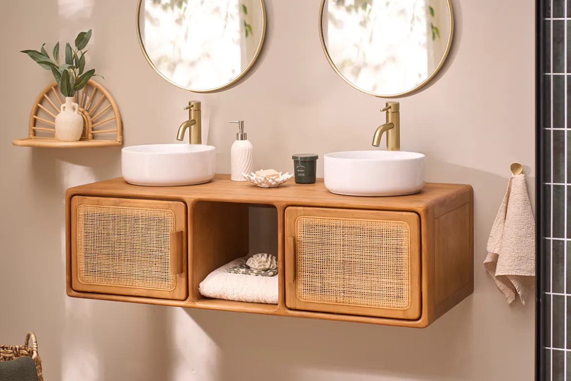 Meuble de salle de bain suspendu en bois teck massif et cannage rotin L120 cm BALIA