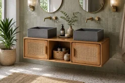 Meuble de salle de bain suspendu en bois teck massif et cannage rotin L120 cm BALIA
