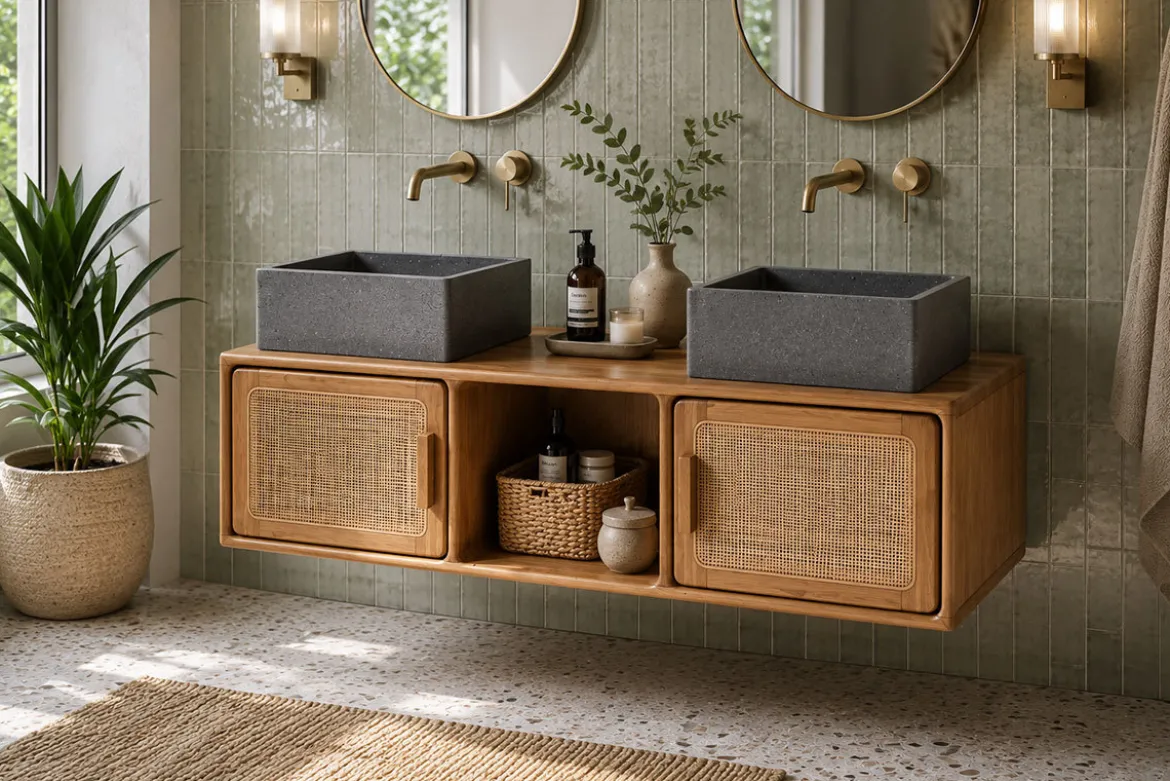 Meuble de salle de bain suspendu en bois teck massif et cannage rotin L120 cm BALIA