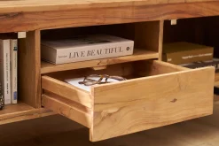 Meuble TV avec rangements en bois massif et métal noir L160 cm NAPOLI