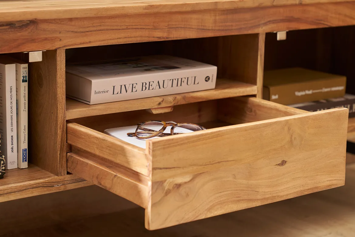 Meuble TV avec rangements en bois massif et métal noir L160 cm NAPOLI