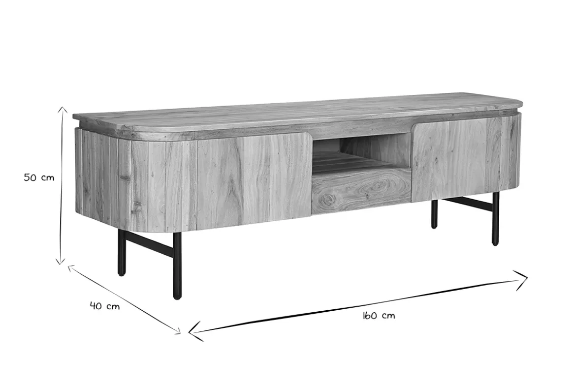 Meuble TV avec rangements en bois massif et métal noir L160 cm NAPOLI