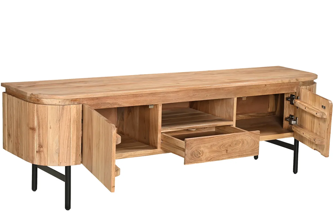 Meuble TV avec rangements en bois massif et métal noir L160 cm NAPOLI