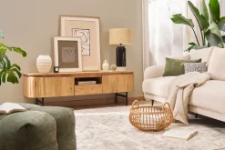 Meuble TV avec rangements en bois massif et métal noir L160 cm NAPOLI