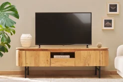 Meuble TV avec rangements en bois massif et métal noir L160 cm NAPOLI