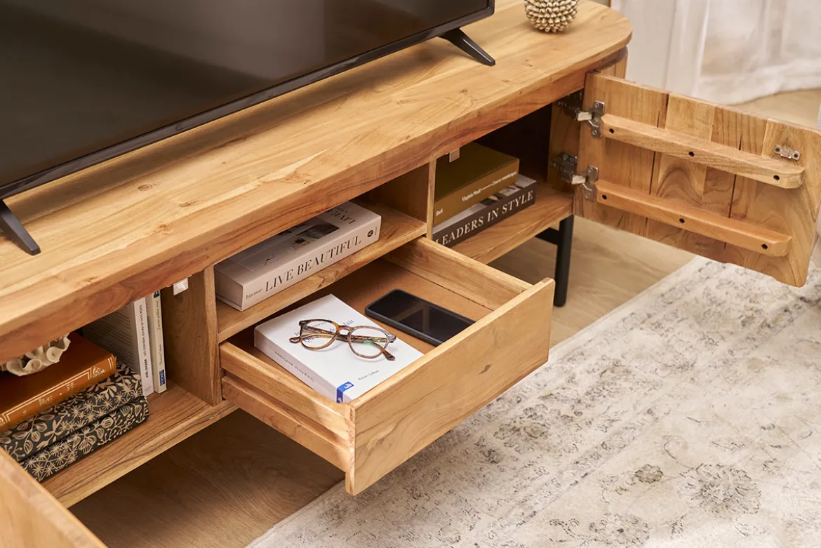 Meuble TV avec rangements en bois massif et métal noir L160 cm NAPOLI