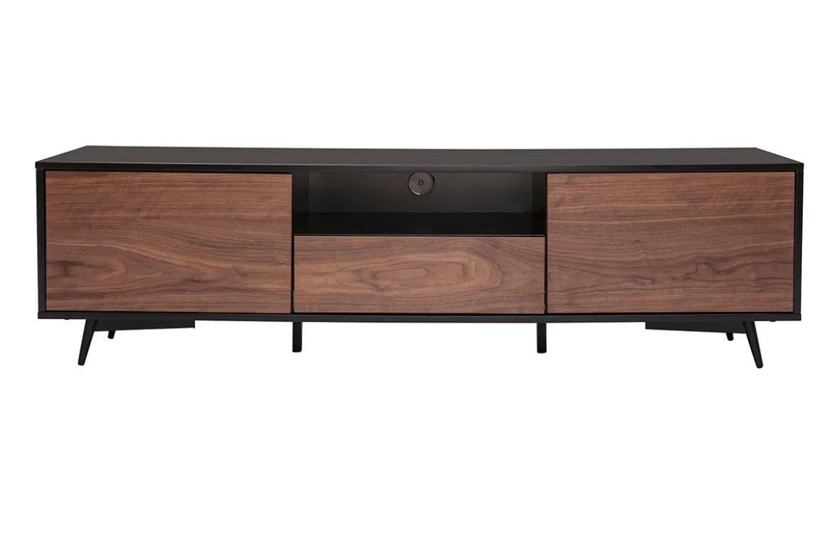 Meuble TV bois foncé noyer, noir mat et métal noir 2 portes 1 tiroir L160 cm MERMOZ