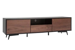 Meuble TV bois foncé noyer, noir mat et métal noir 2 portes 1 tiroir L160 cm MERMOZ