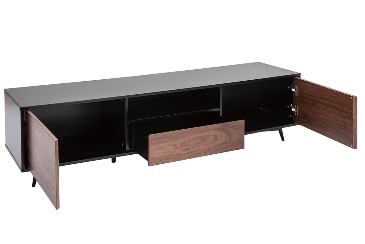 Meuble TV bois foncé noyer, noir mat et métal noir 2 portes 1 tiroir L160 cm MERMOZ