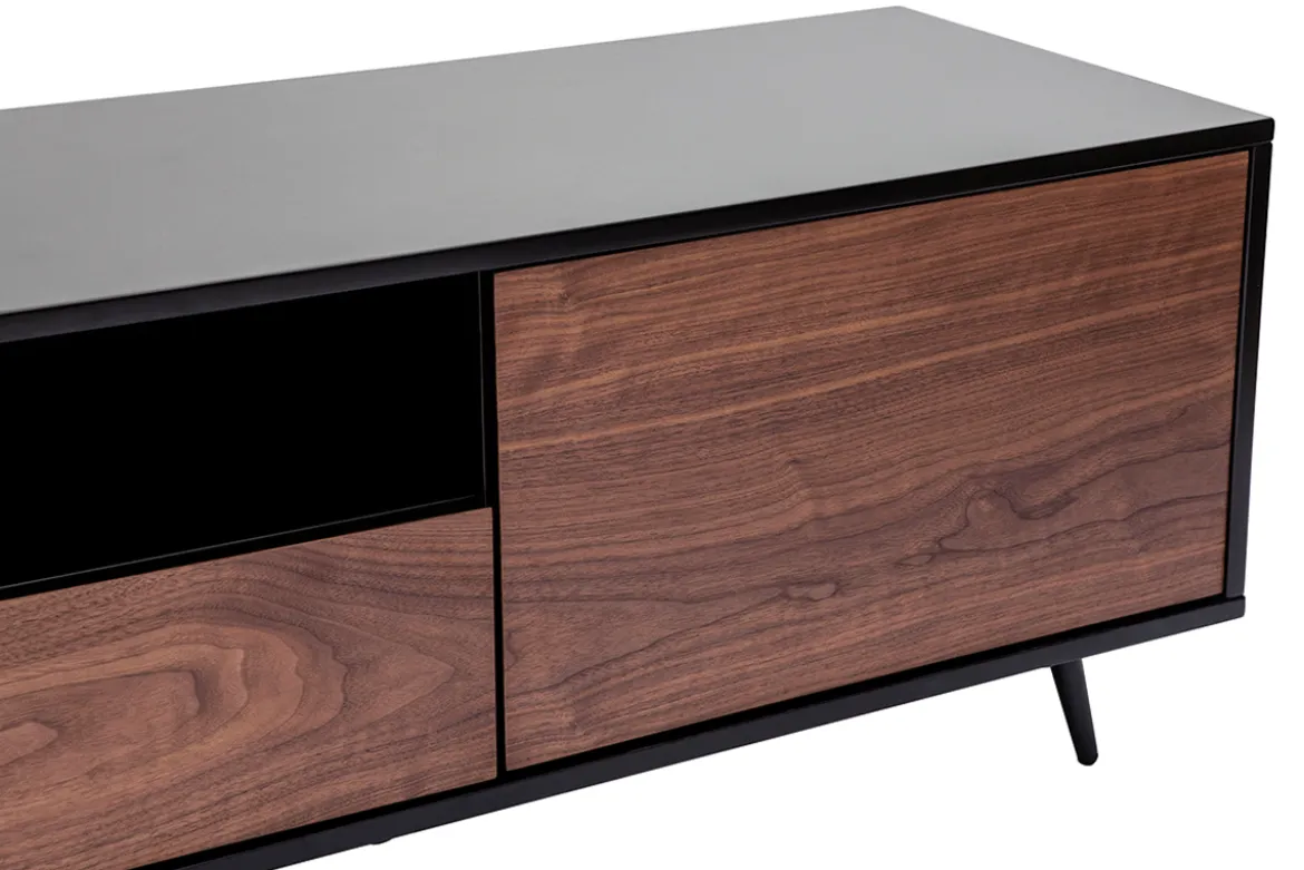 Meuble TV bois foncé noyer, noir mat et métal noir 2 portes 1 tiroir L160 cm MERMOZ