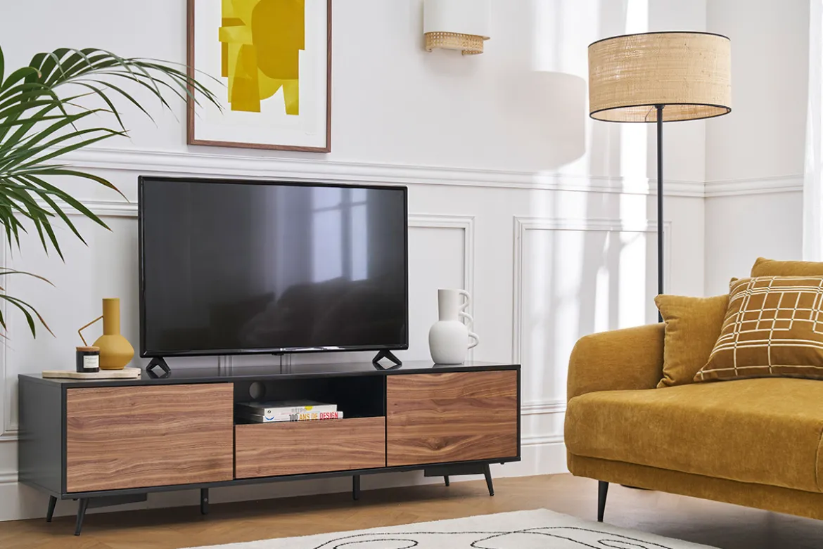 Meuble TV bois foncé noyer, noir mat et métal noir 2 portes 1 tiroir L160 cm MERMOZ