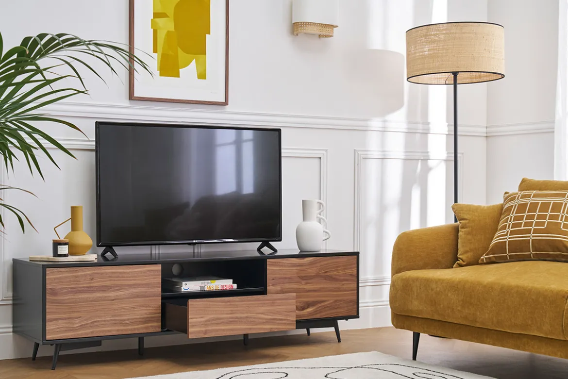Meuble TV bois foncé noyer, noir mat et métal noir 2 portes 1 tiroir L160 cm MERMOZ