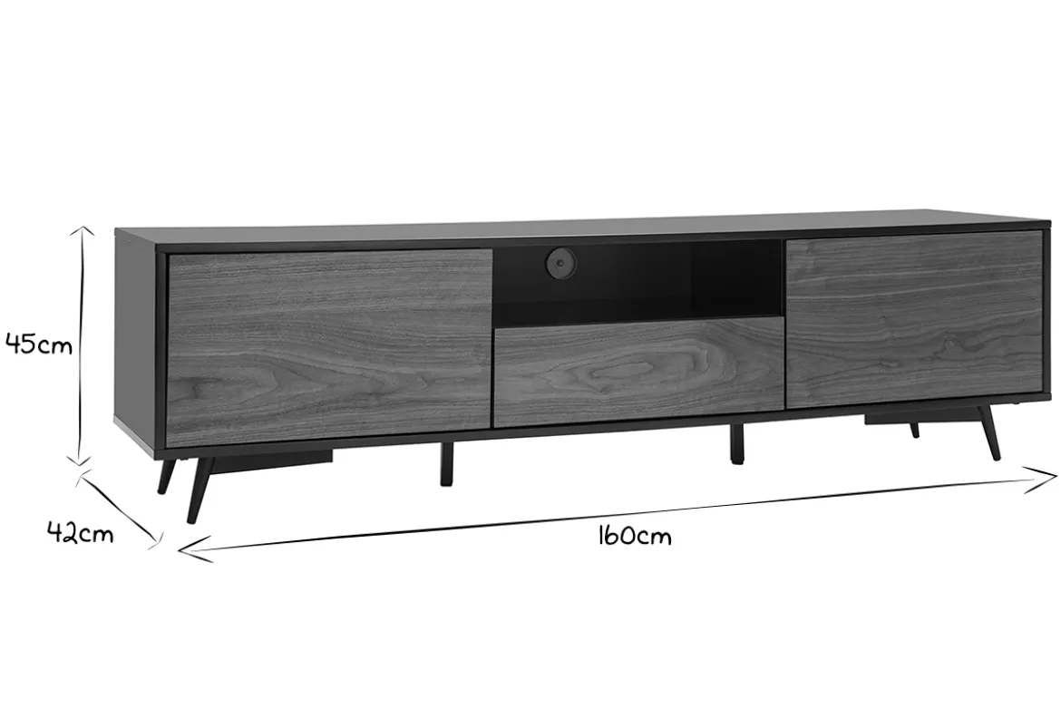 Meuble TV bois foncé noyer, noir mat et métal noir 2 portes 1 tiroir L160 cm MERMOZ