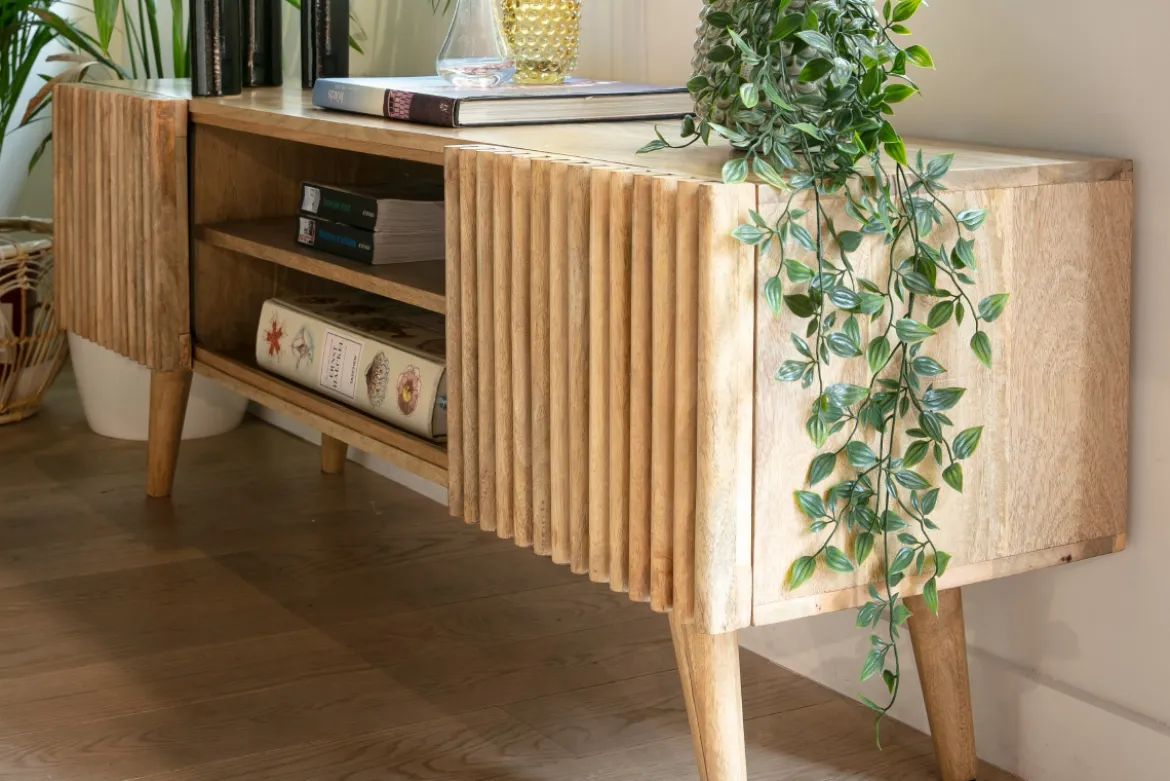 Meuble TV bois manguier massif avec portes coulissantes L140 cm ALBA