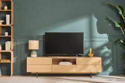 Meuble TV design avec rangements finition bois clair chêne et métal noir L180 cm ALASKA