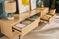 Meuble TV design avec rangements finition bois clair chêne et métal noir L180 cm ALASKA