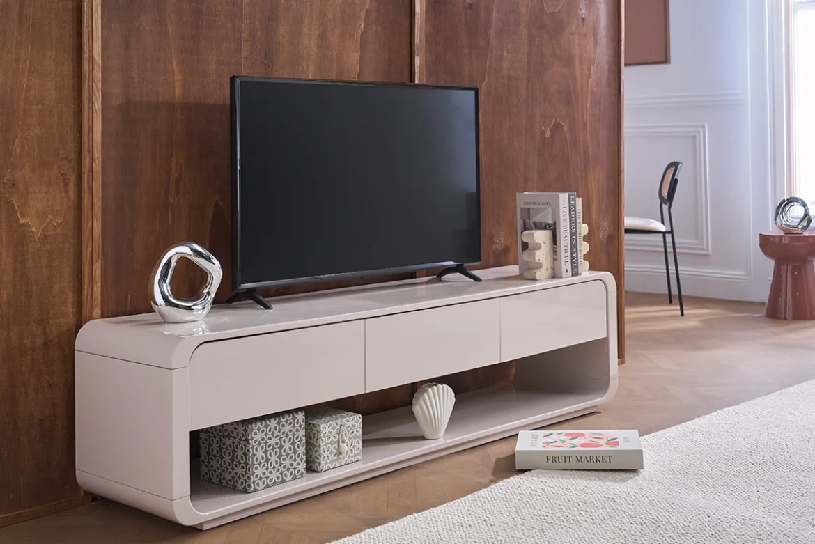 Meuble TV design beige laqué brillant 3 tiroirs L180 cm SAILOR